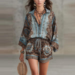 Women's Baroque Medallion Print Batwing Shirt & Shorts Set