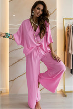 Women's V-Neck Batwing Top & Drawstring Wide-Leg Pants Two-Piece Set