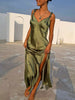 Satin V-Neck Slit Maxi Dress