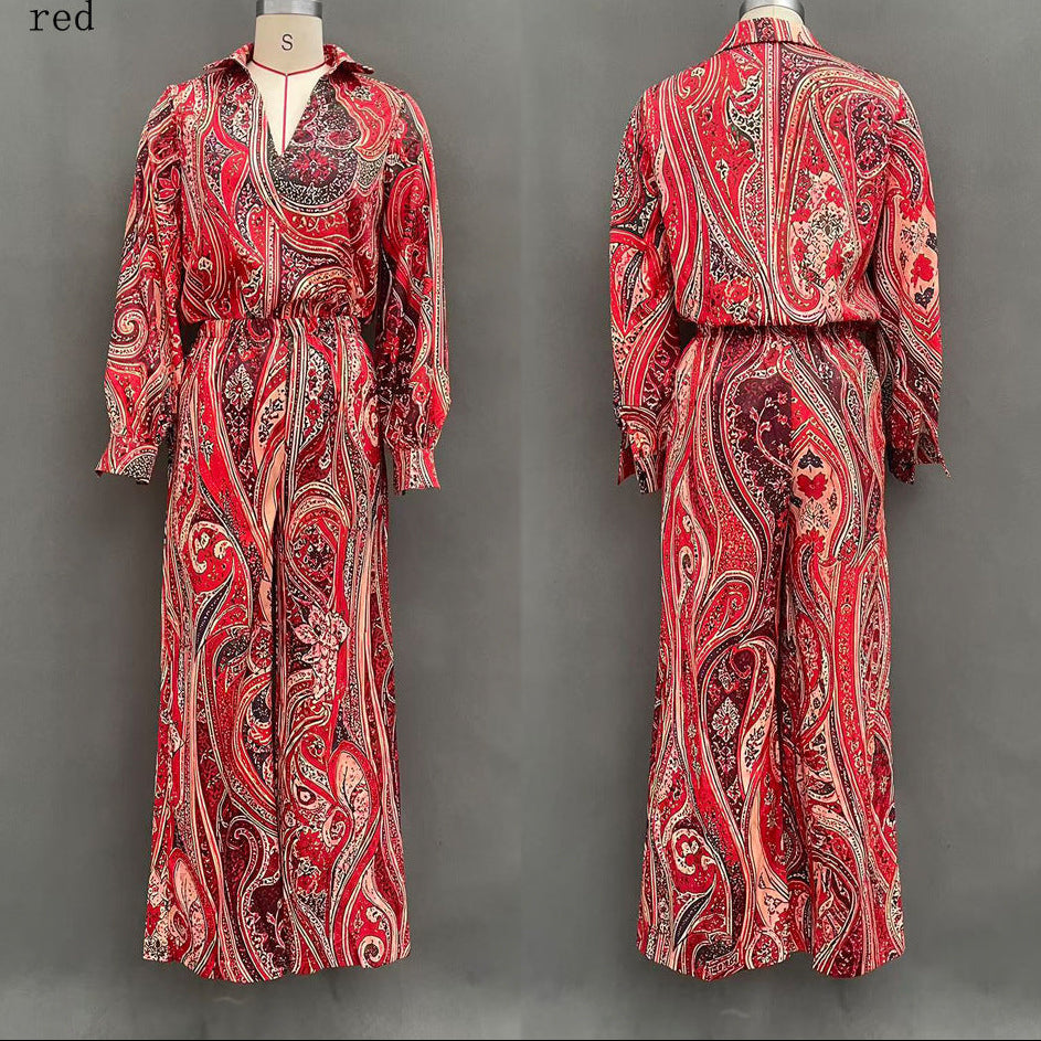 Women's Paisley Print Deep V Fringe Blouse & Wide-Leg Palazzo Pants Set