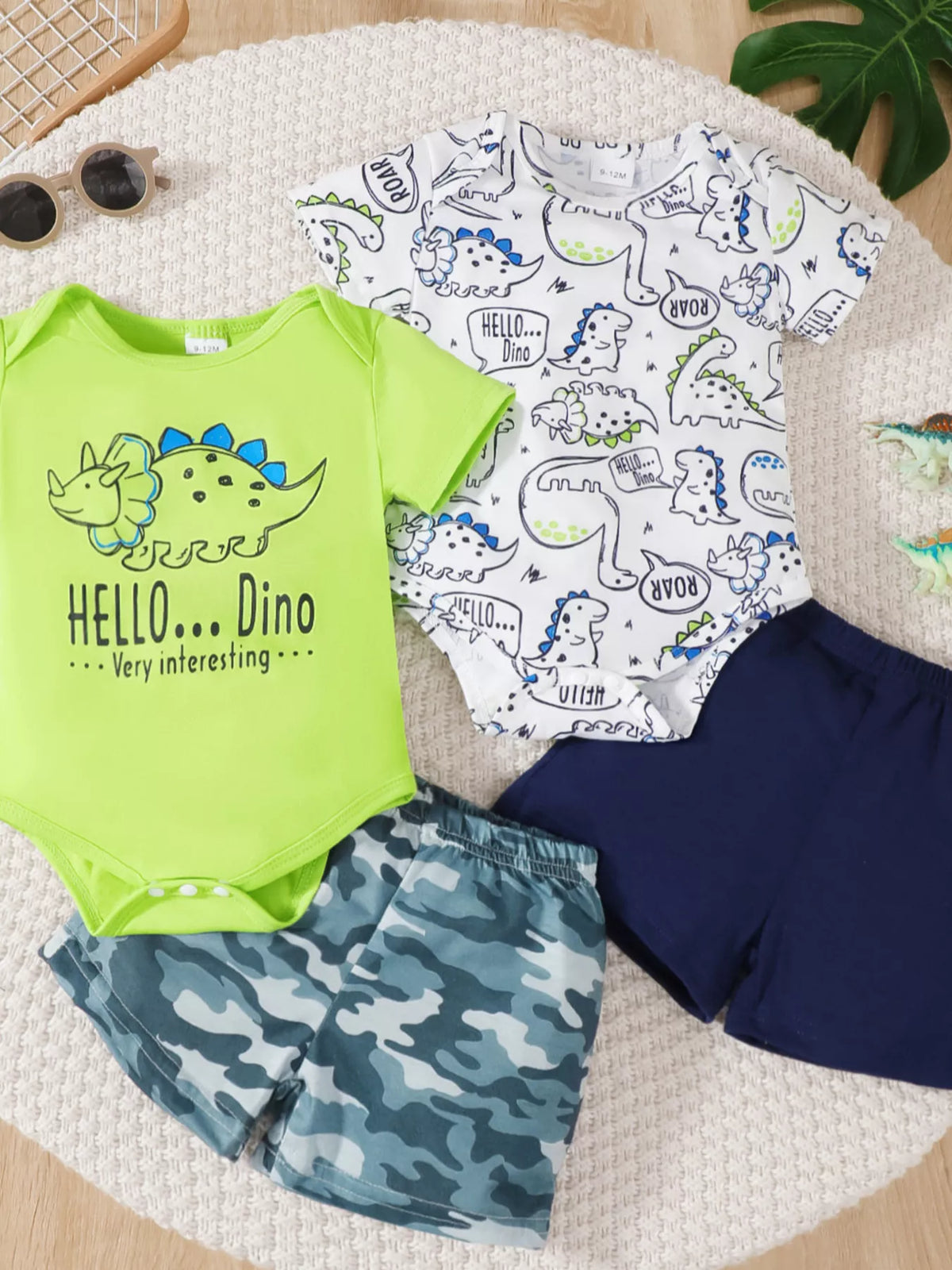 Baby boys' dinosaur bodysuits with matching camo and navy shorts, trendy kids' clothing