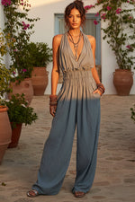 Women's V-Neck Halter Jumpsuit | Sleeveless Open Back Waist-Cinching