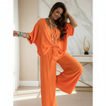 Women's V-Neck Batwing Top & Drawstring Wide-Leg Pants Two-Piece Set