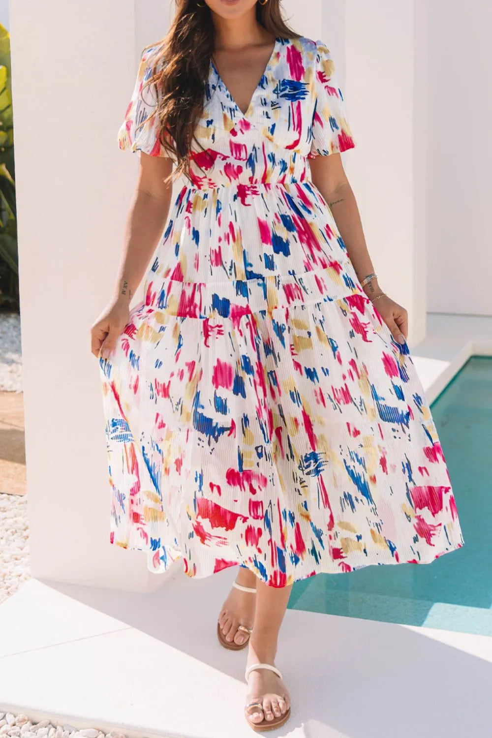 Abstract Print Short Puff Sleeve Tiered Maxi Dress - Shopimist