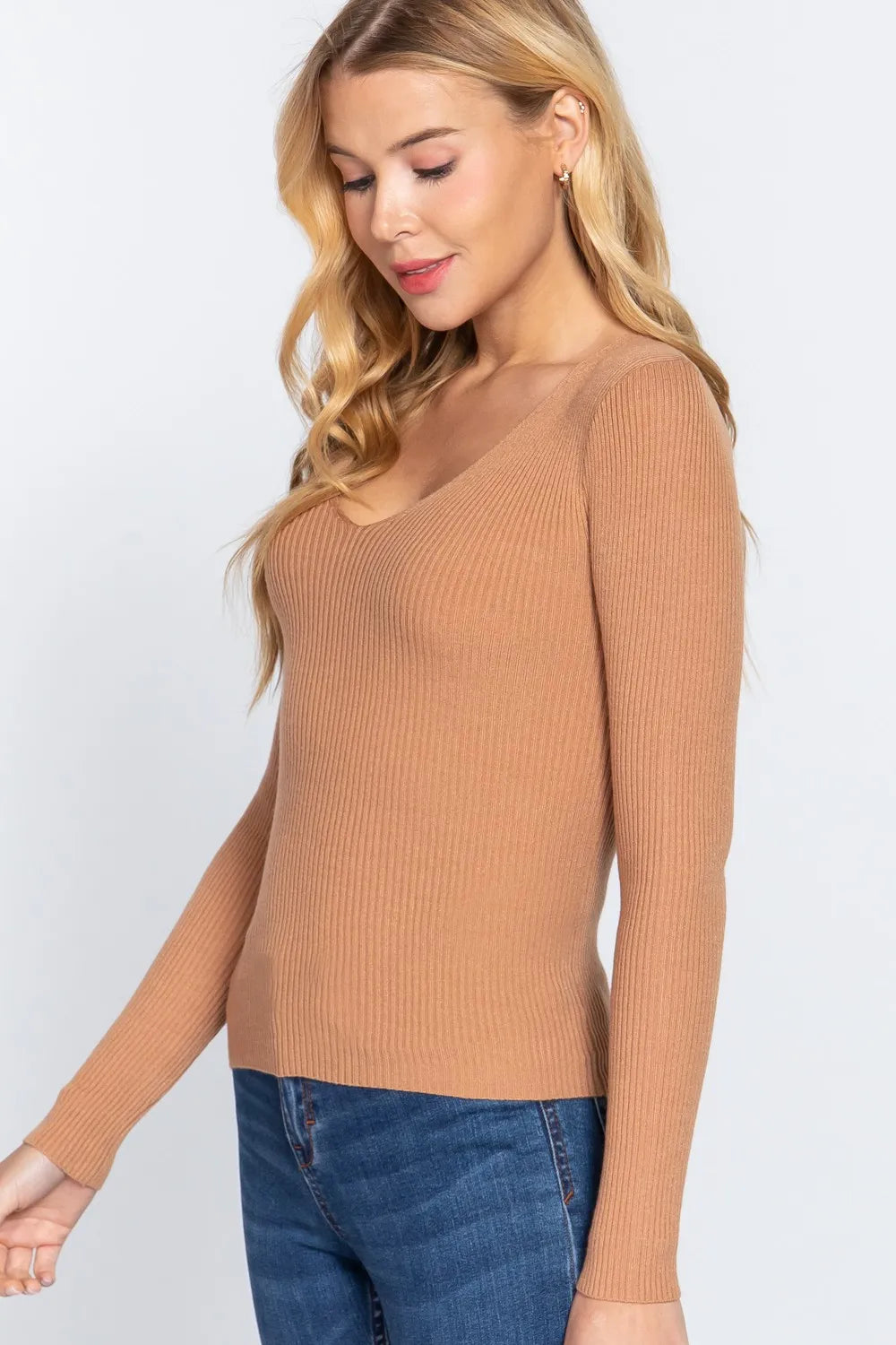ACTIVE BASIC V-Neck Fitted Viscose Rib Knit Top - Shopimist