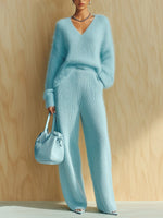 Women's Fluffy V-Neck Oversized Sweater & Wide-Rib Wide-Leg Knit Trouser Set