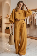 Women's Balloon Puff Sleeve Tie-Cuff Crop Top & Pleated Wide-Leg Trousers Set