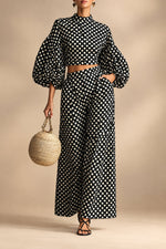 Women's 2-Piece Polka Dot Set – Lantern-Sleeve Mock-Neck Crop Top & High-Waisted Wide-Leg Trouser