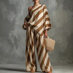 Women's Retro Striped Batwing Top & Wide-Leg Pants Two-Piece Set