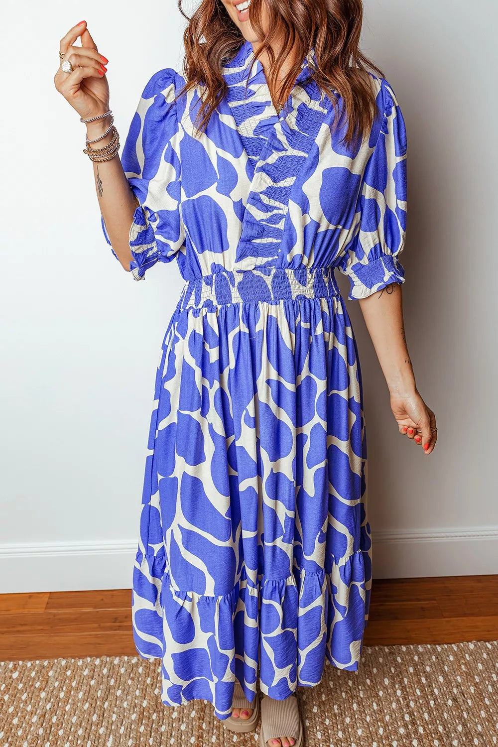Abstract Print Smocked Waist Puff Half Sleeve Dress - Shopimist