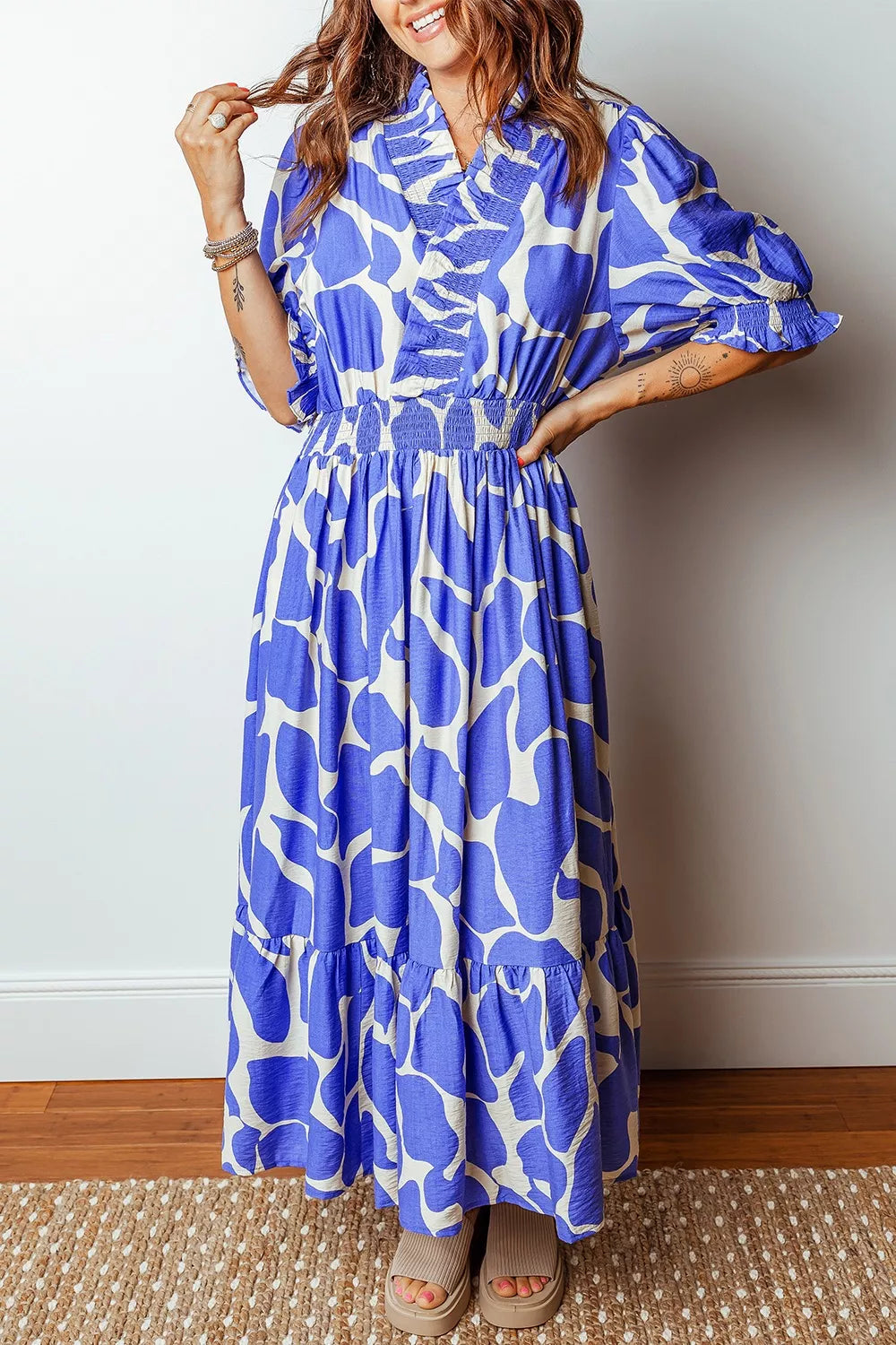 Abstract Print Smocked Waist Puff Half Sleeve Dress - Shopimist