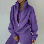 Women's Full-Zip Cropped Sweatshirt & Wide-Leg Pants Fleece Two-Piece Set