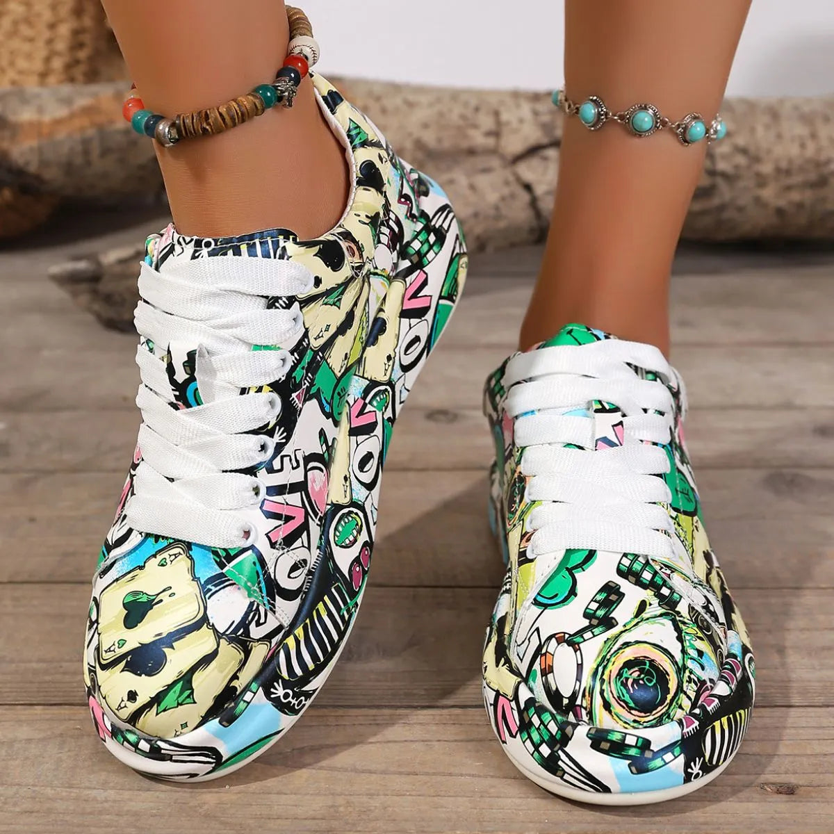 Abstract Print Lace Up Sneakers - Shopimist