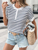 Striped Button Detail Short Sleeve Knit Top