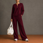Women's Single-Button Split-Neck Sweatshirt & Wide-Leg Pants Set
