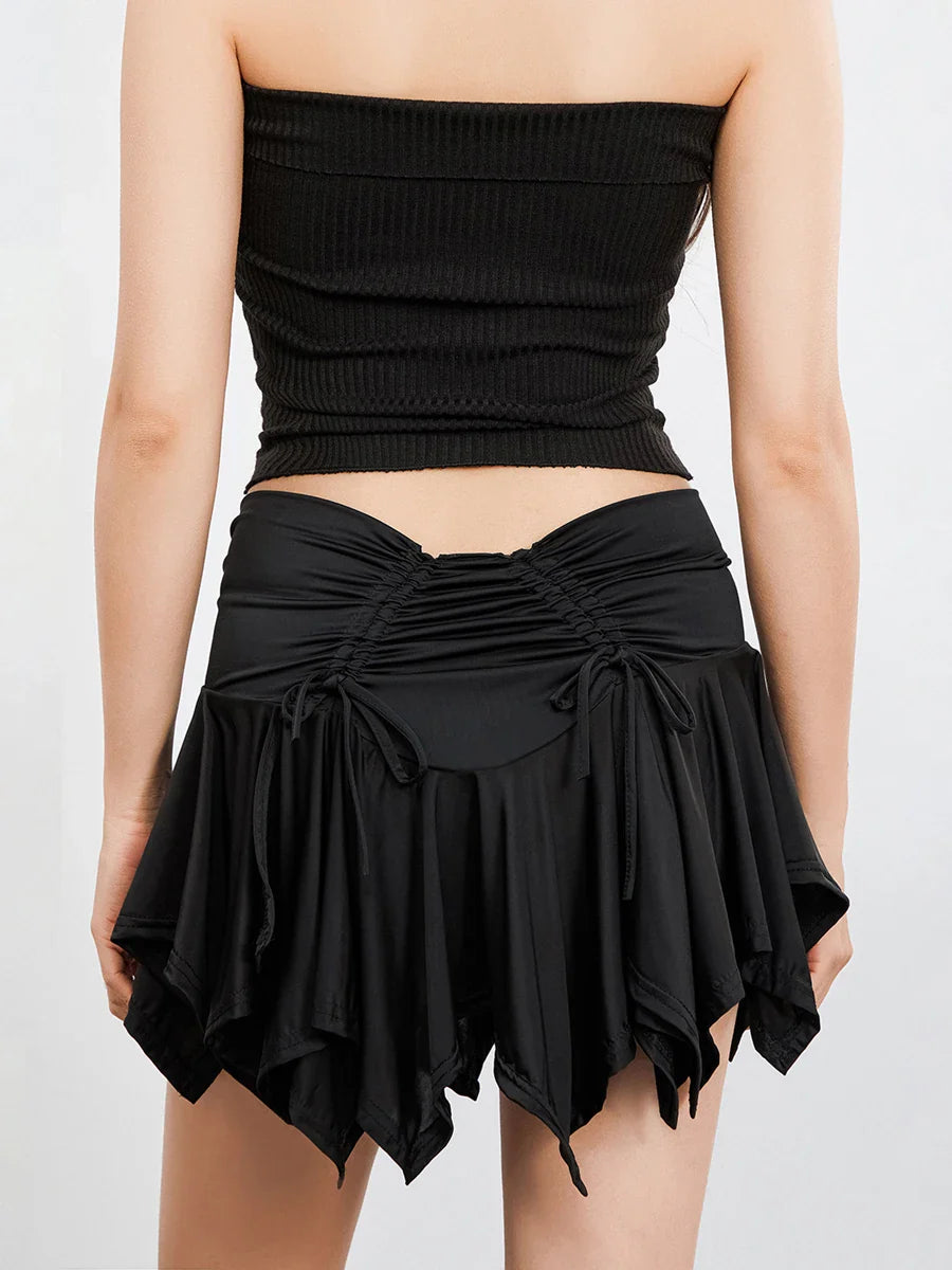 Women Solid Color Gothic Punk Irregular Skirts Summer Fashion Drawstring Tie-Up Ruched Ruffles Mini SkirtBlack/White