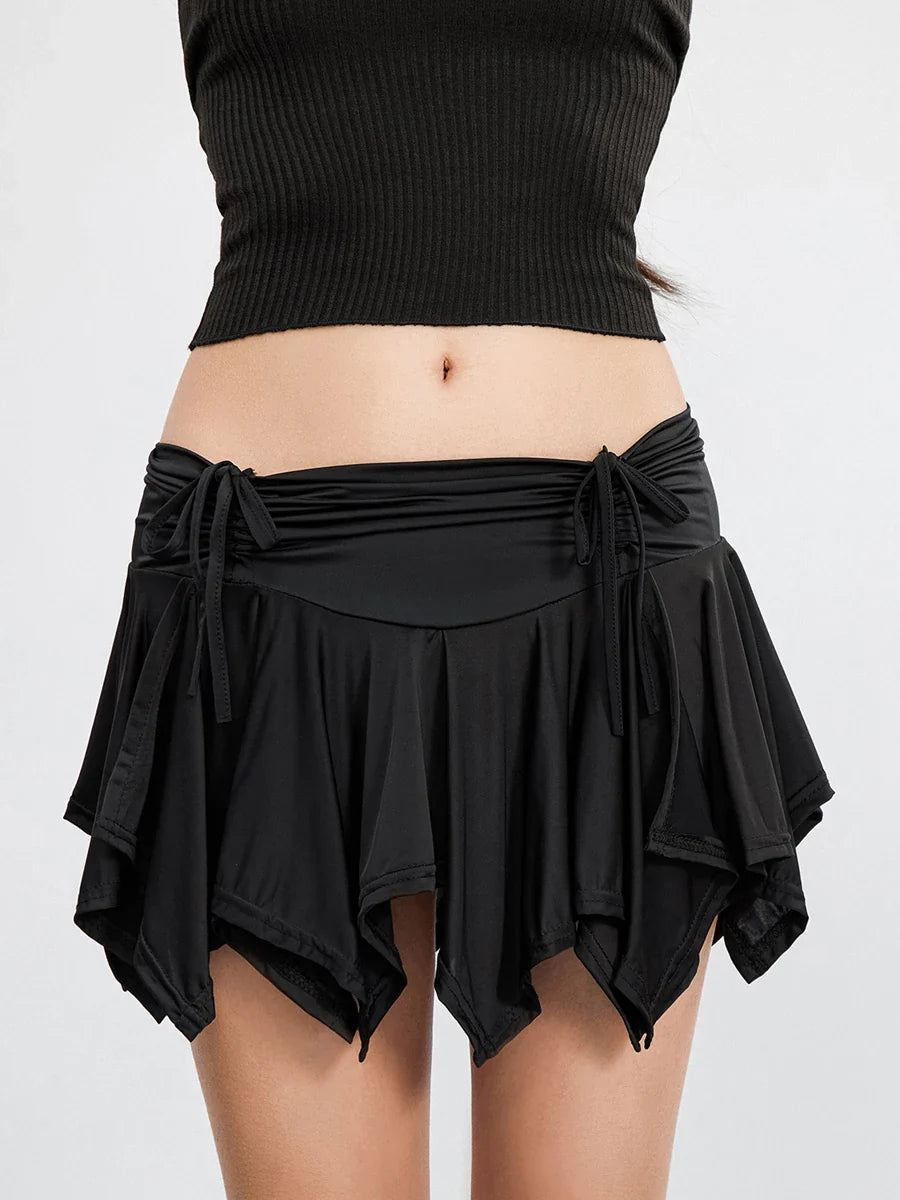 Women Solid Color Gothic Punk Irregular Skirts Summer Fashion Drawstring Tie-Up Ruched Ruffles Mini SkirtBlack/White