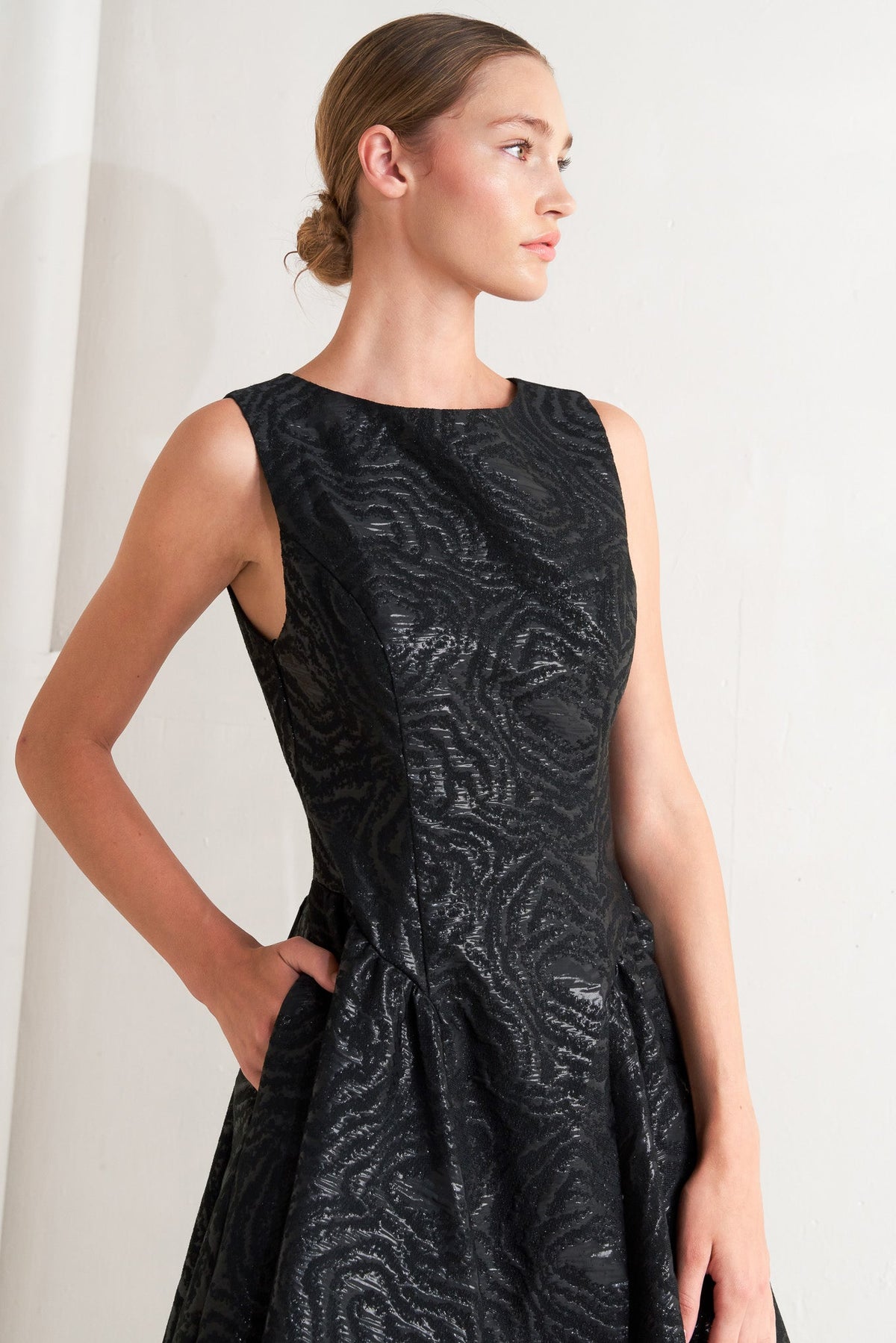 CHECK YOURSELF BLACK WOVEN MIDI DRESS