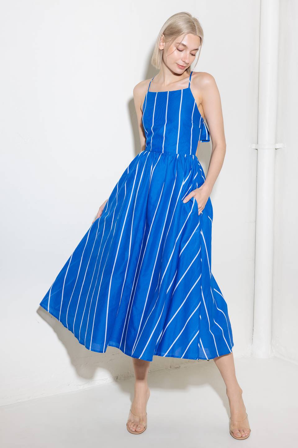 LET THE GOOD IN BLUE WOVEN MIDI DRESS