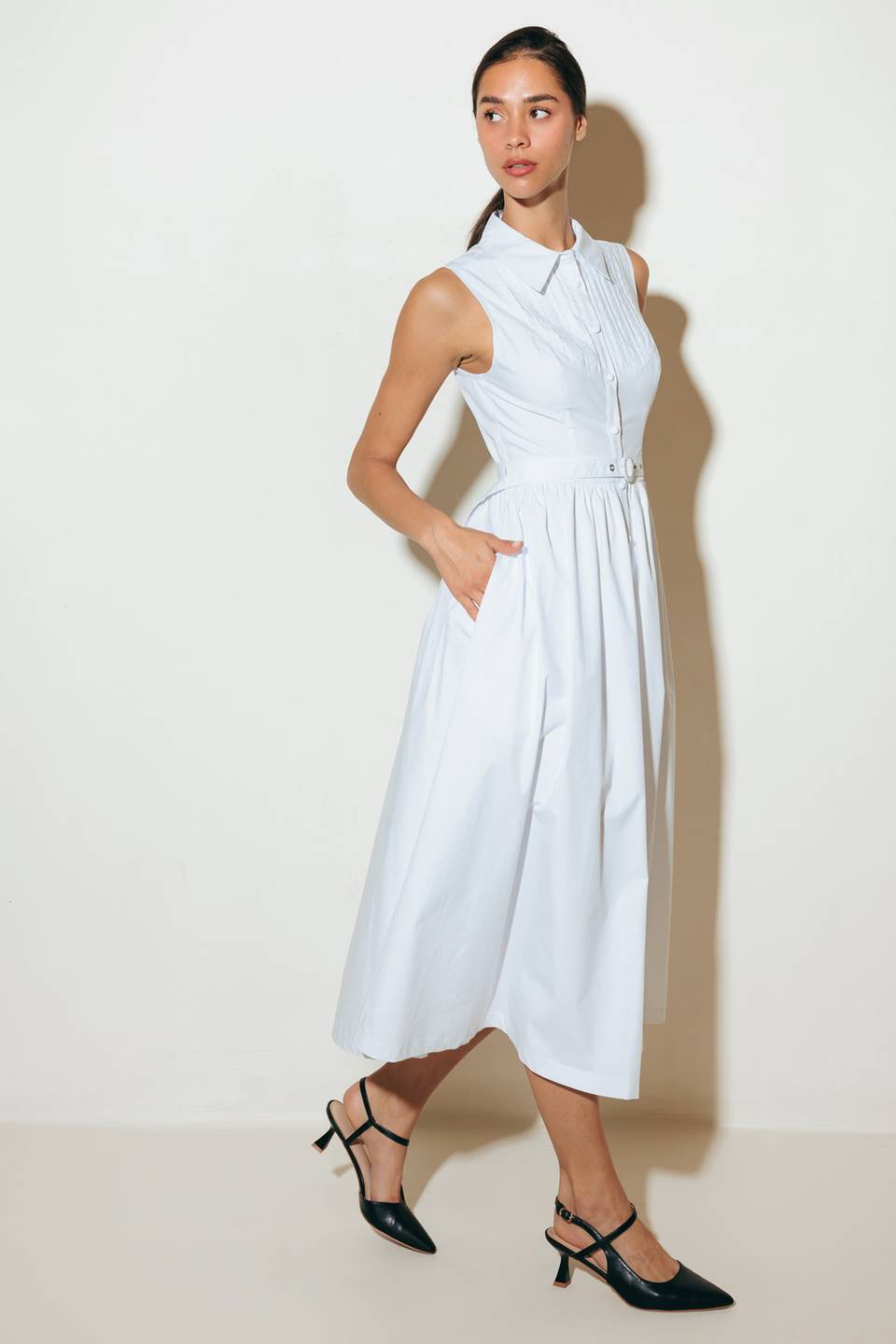NUE EASE WHITE WOVEN MDI DRESS