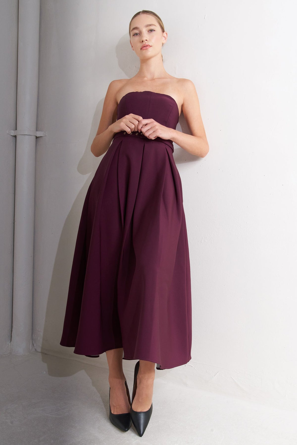 OPERA WINE WOVEN MIDI DRESS