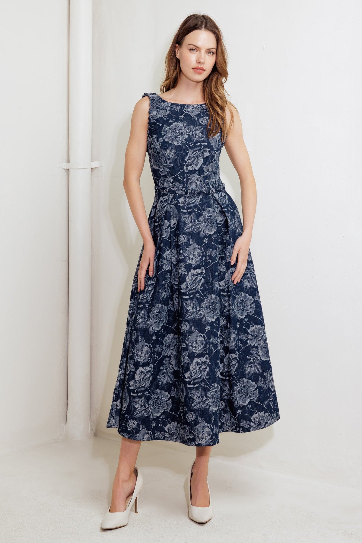 DUSK ROSE WOVEN DENIM MIDI DRESS