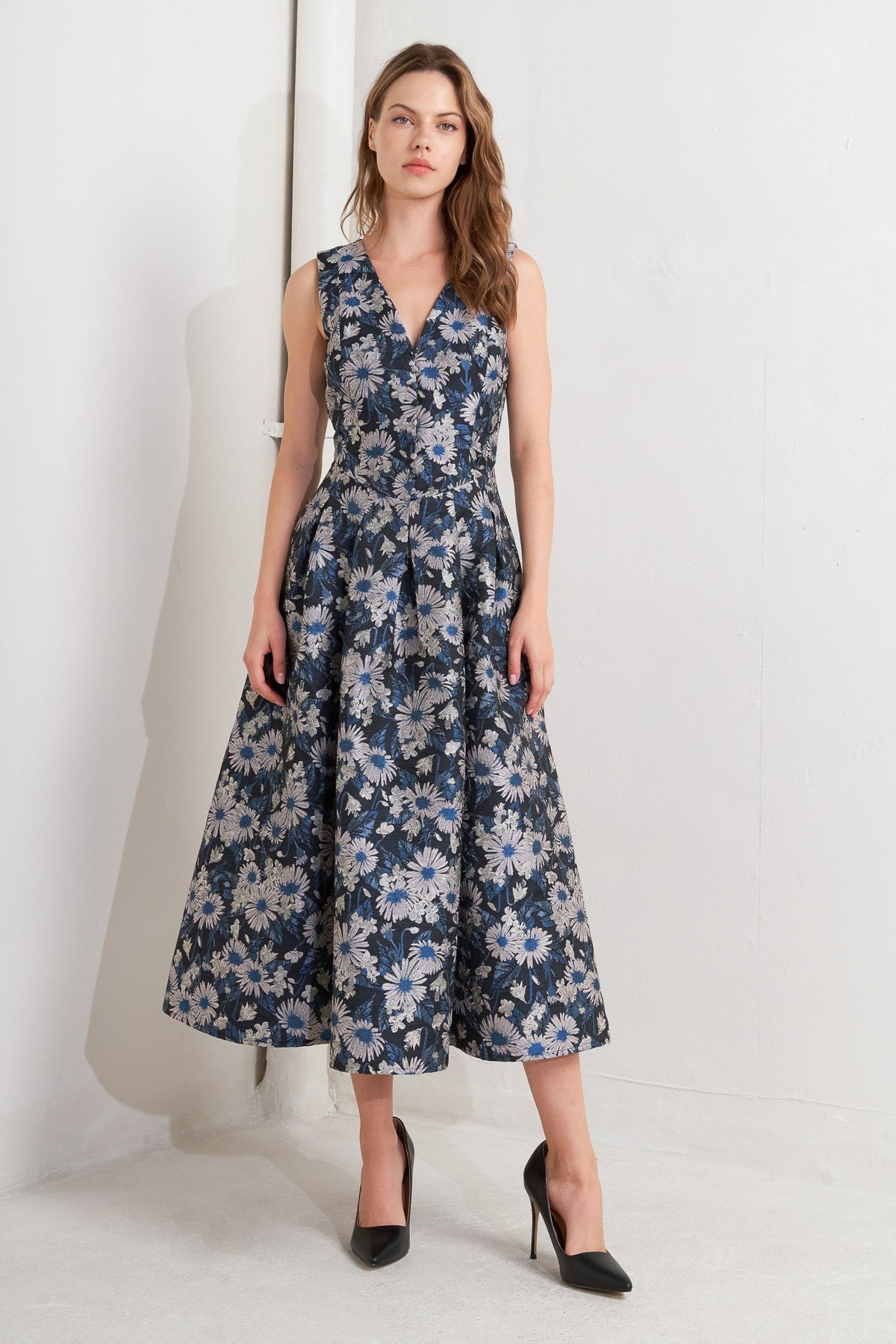 LUX BLOOMING WOVEN JACQUARD MIDI DRESS