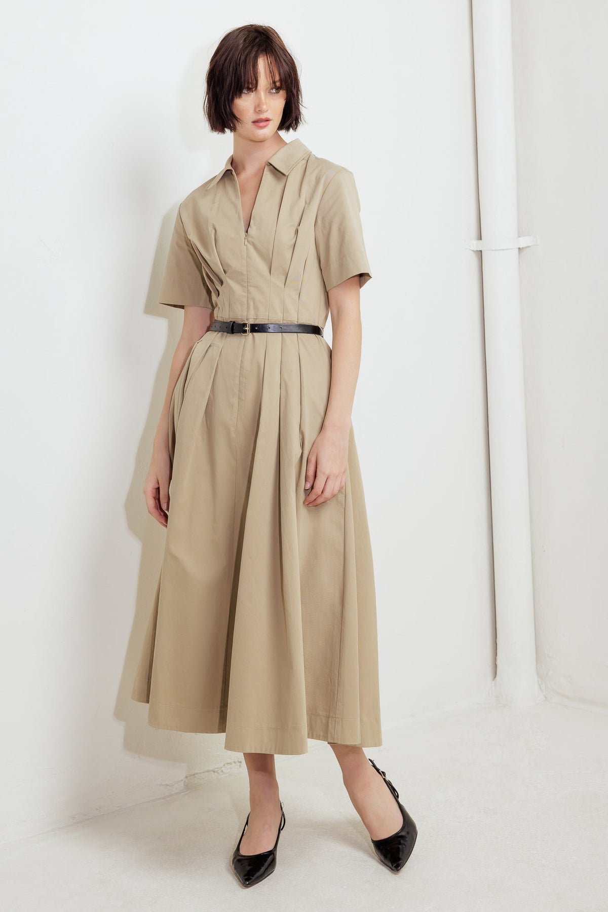 QUIET ROMANCE TAN WOVEN MIDI DRESS