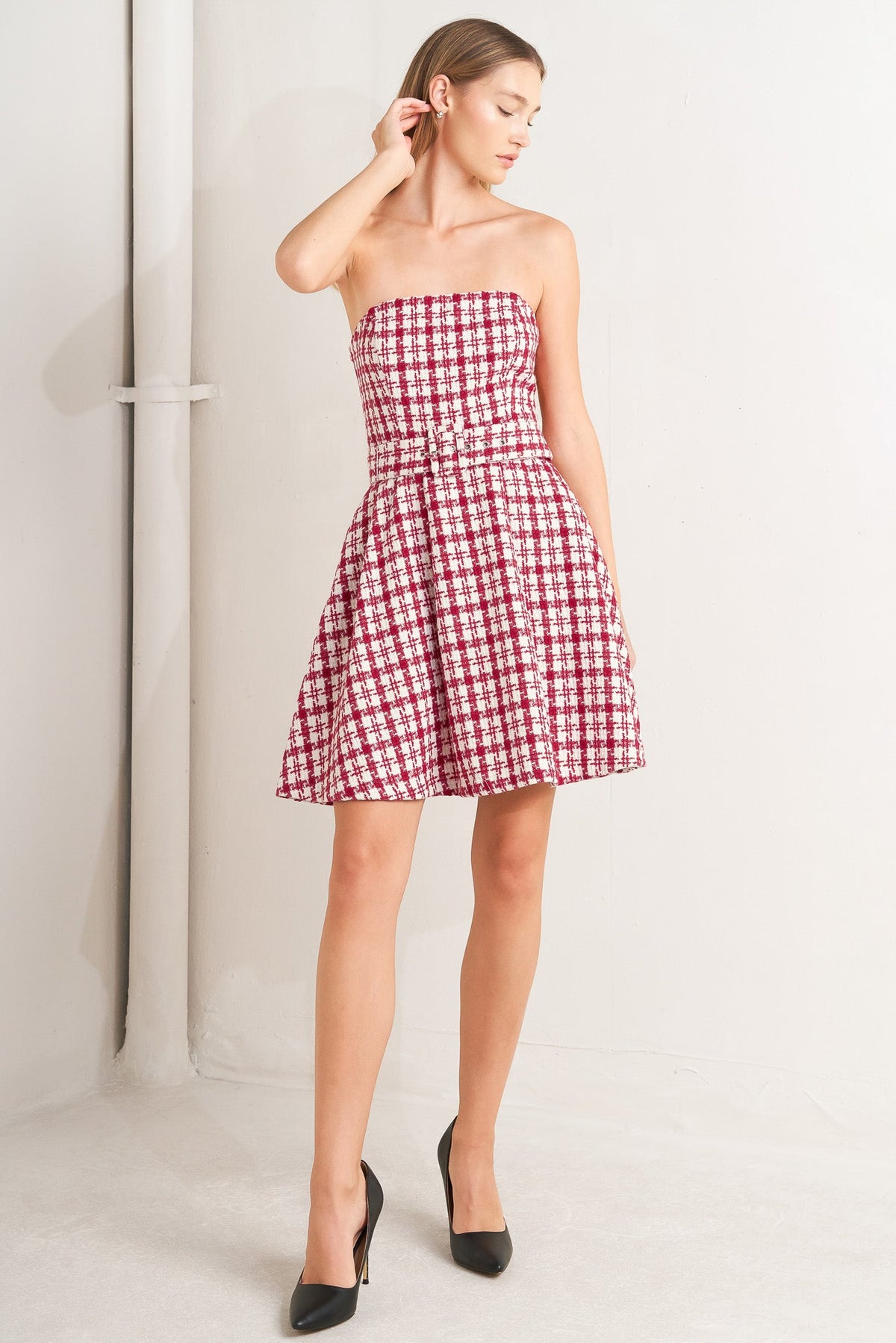 CHERRY CHECK TWEED MINI DRESS