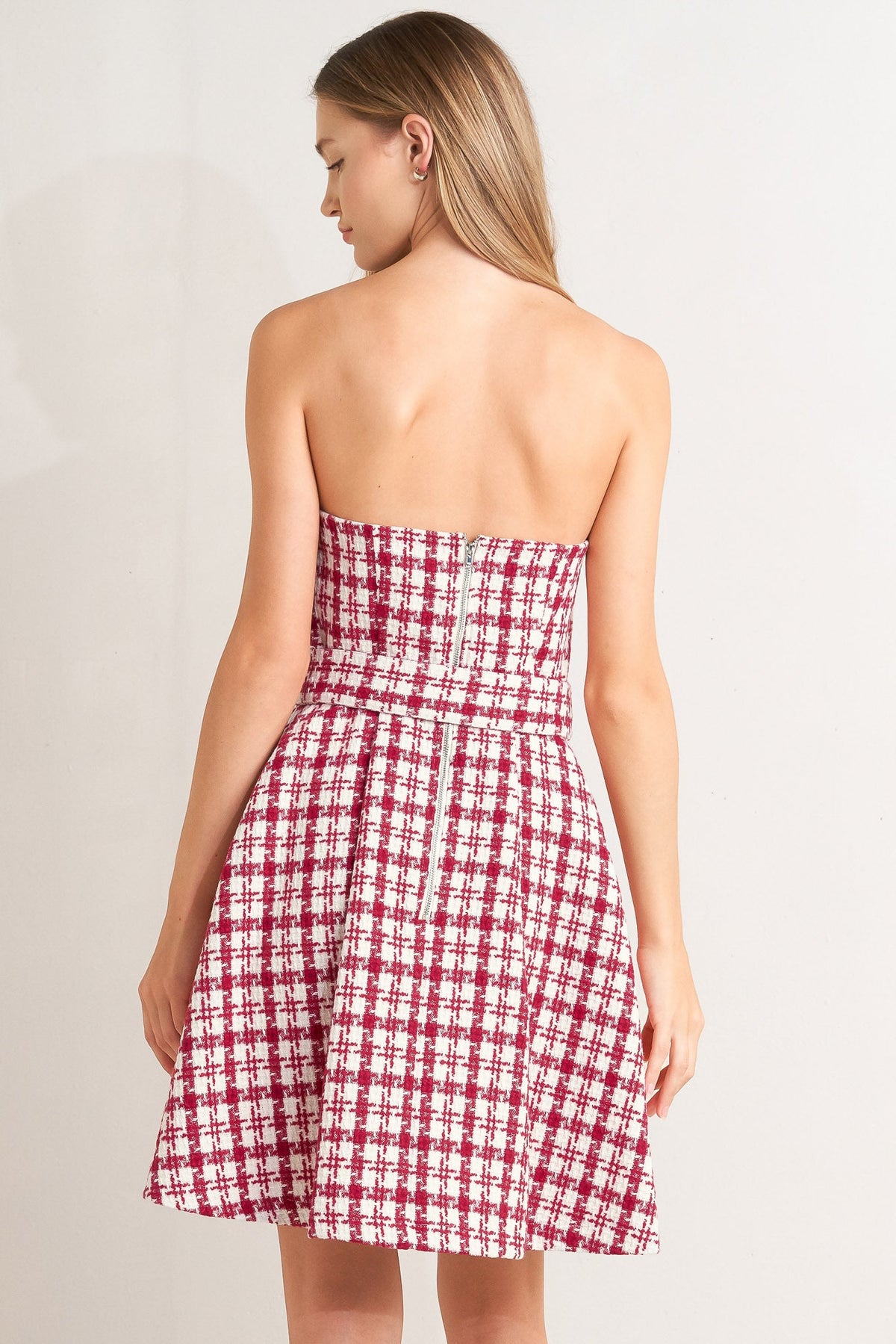 CHERRY CHECK TWEED MINI DRESS