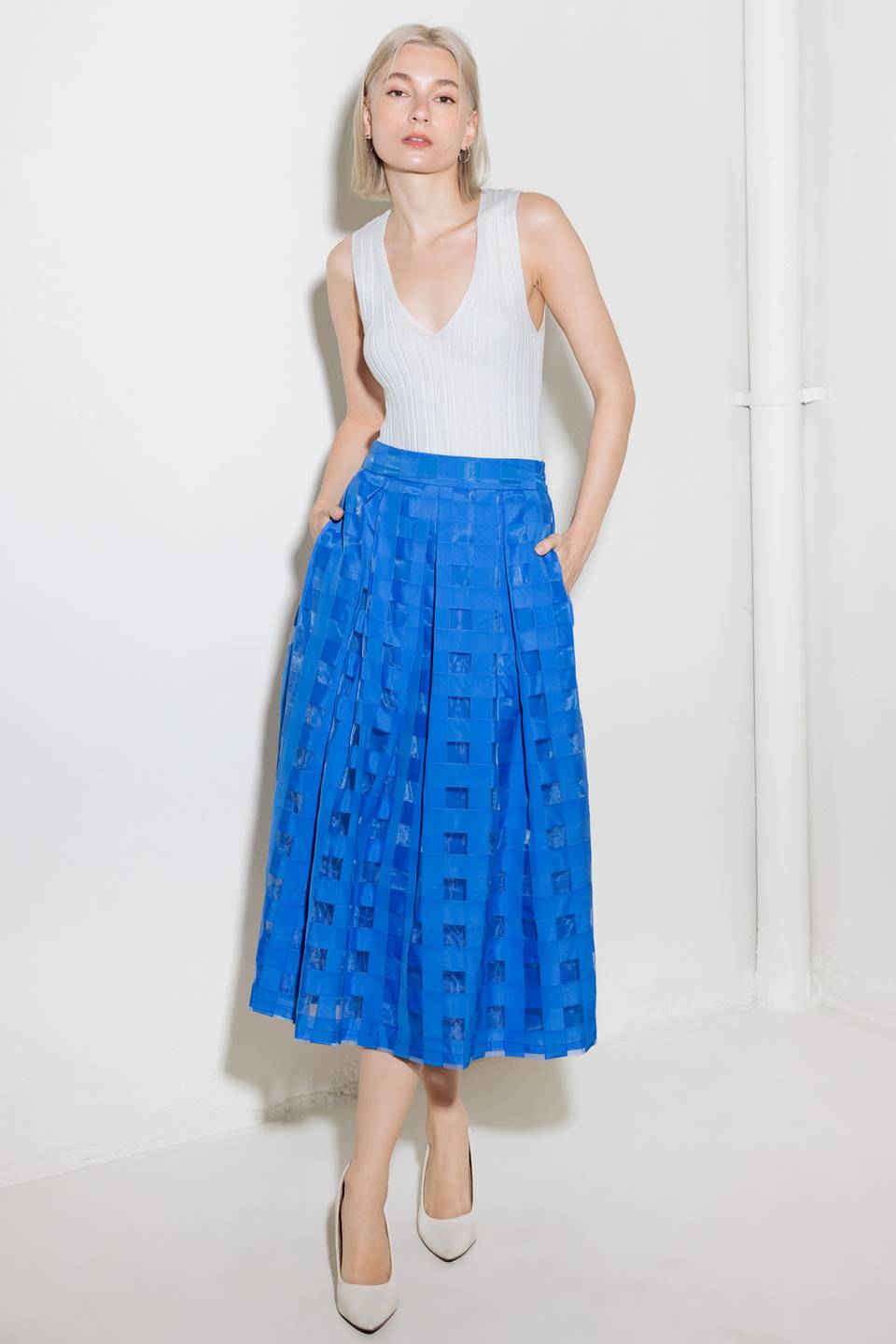 LIVE FOR US BLUE ORGANZA MIDI SKIRT