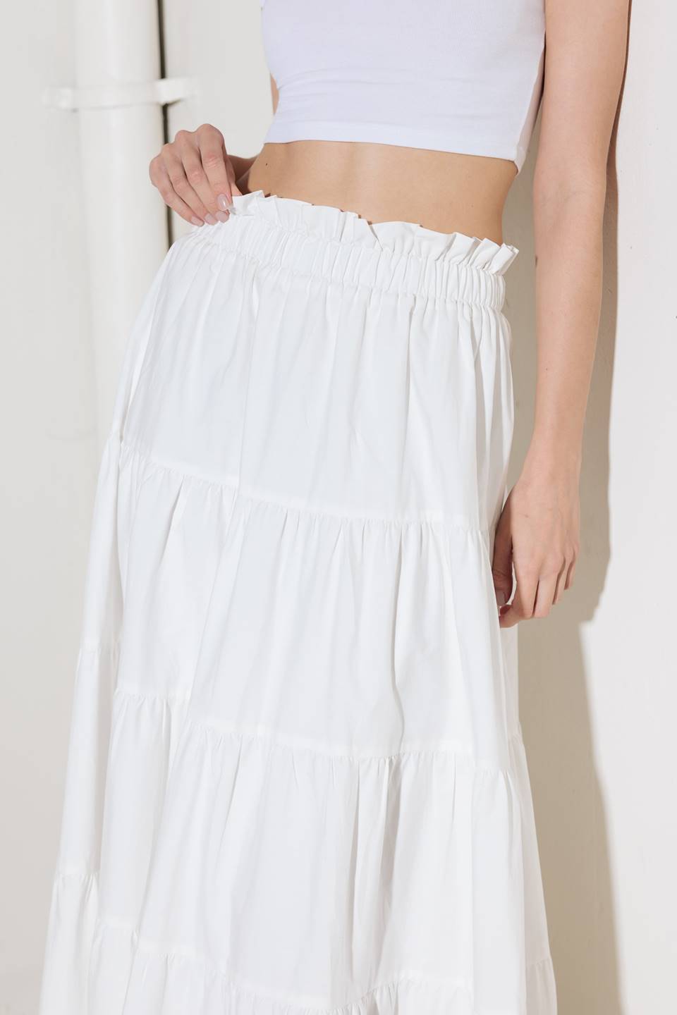 SLOW DOWN IN WHITE WOVEN MAXI SKIRT