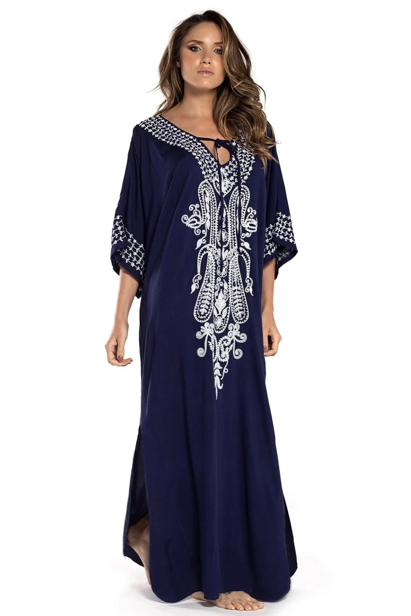 2026 Indie Folk Embroidered Short Sleeve Summer Dress Cotton Tunic Beach Kaftan Women Beachwear Swimsuit Cover Up Robe de plage