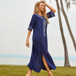 2026 Indie Folk Embroidered Short Sleeve Summer Dress Cotton Tunic Beach Kaftan Women Beachwear Swimsuit Cover Up Robe de plage