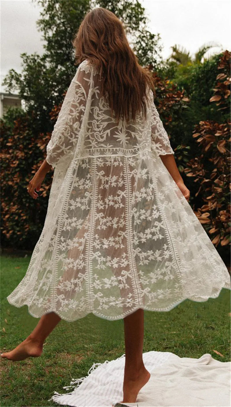 Crochet White Knitted Beach Cover Up Dress Tunic Long Pareos Bikinis Cover Ups Swim Cover Up Robe Plage Beachwear