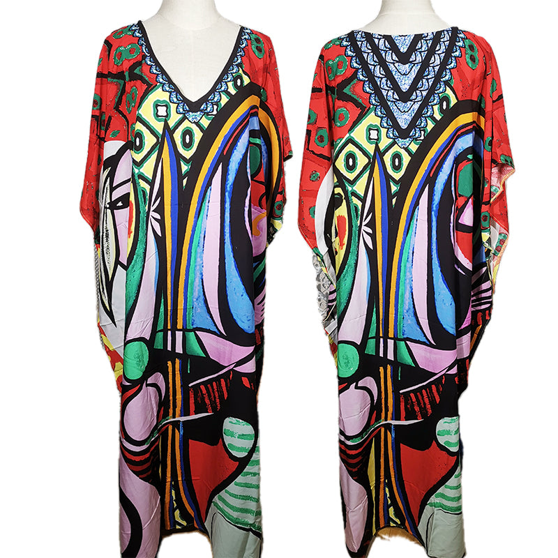 2025 Loose Boho Style Maxi Dress Print Face Swim Suit Cover-up Bohemian Dress Robe Plage Kaftan Maxi Dress Beach Wear Tunics