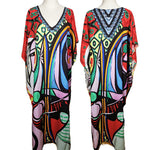 2025 Loose Boho Style Maxi Dress Print Face Swim Suit Cover-up Bohemian Dress Robe Plage Kaftan Maxi Dress Beach Wear Tunics