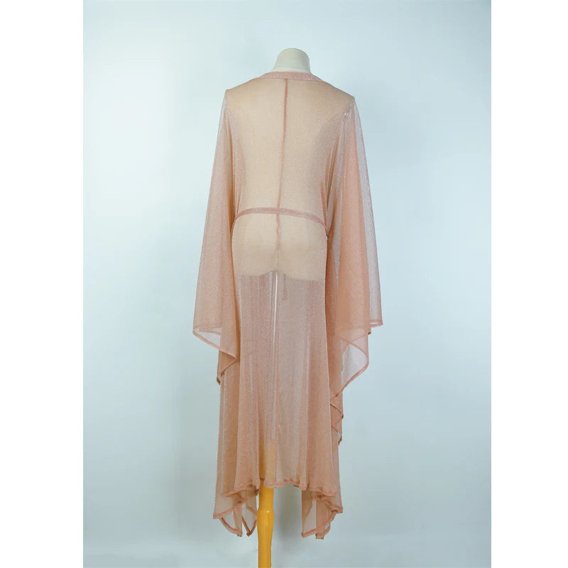 Women Transparent Kimono Golden Beach Cover Up Long Dress Swimwear Bathing Suit Beachwear Cardigan Summer Robe De Plage
