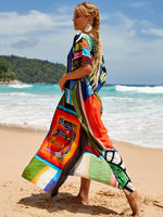 2025 Loose Boho Style Maxi Dress Print Face Swim Suit Cover-up Bohemian Dress Robe Plage Kaftan Maxi Dress Beach Wear Tunics