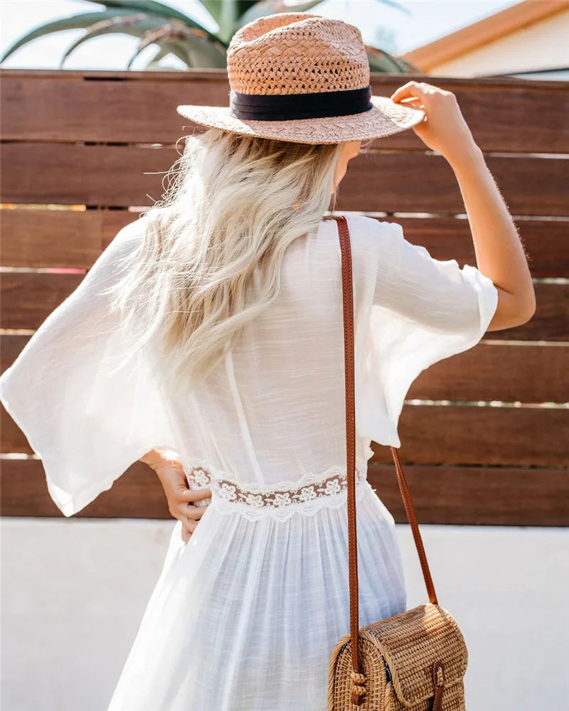 Crochet White Knitted Beach Cover Up Dress Tunic Long Pareos Bikinis Cover Ups Swim Cover Up Robe Plage Beachwear