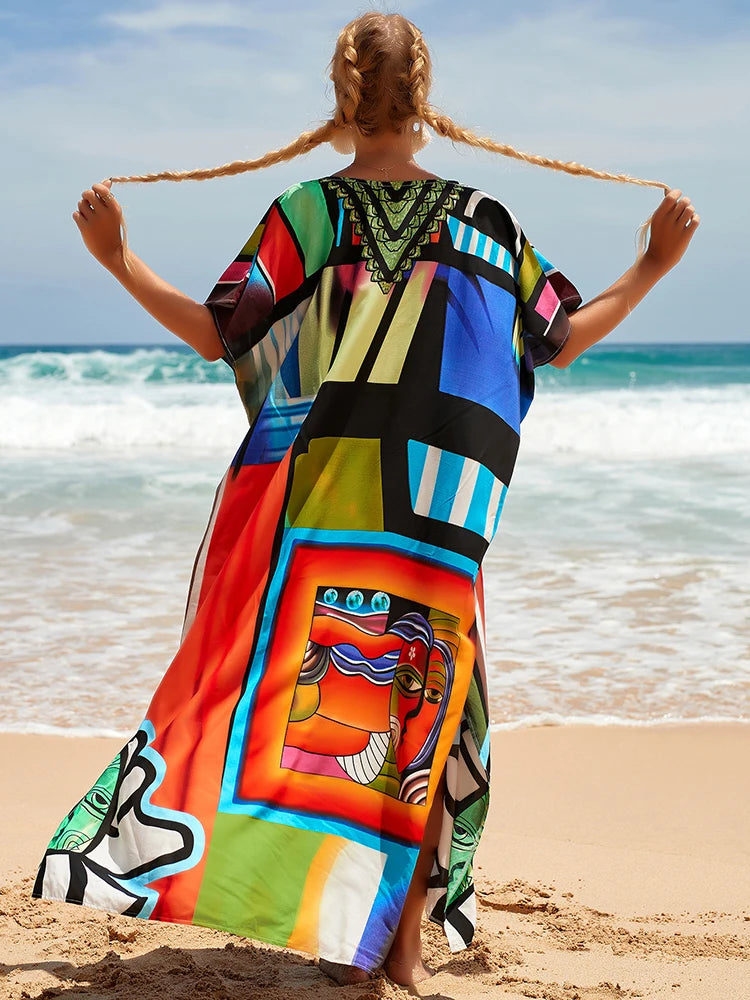 2025 Loose Boho Style Maxi Dress Print Face Swim Suit Cover-up Bohemian Dress Robe Plage Kaftan Maxi Dress Beach Wear Tunics