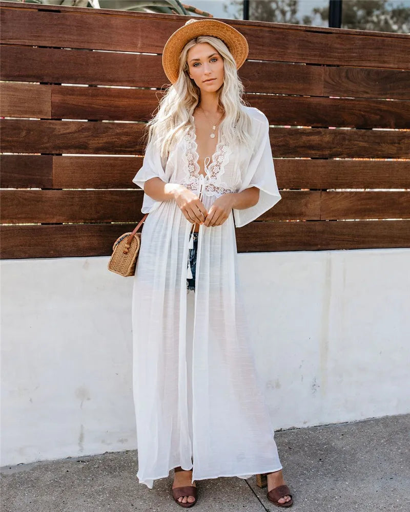 Crochet White Knitted Beach Cover Up Dress Tunic Long Pareos Bikinis Cover Ups Swim Cover Up Robe Plage Beachwear