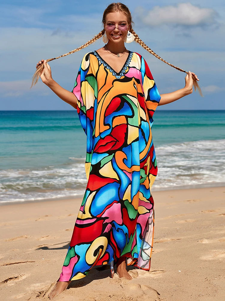 2025 Loose Boho Style Maxi Dress Print Face Swim Suit Cover-up Bohemian Dress Robe Plage Kaftan Maxi Dress Beach Wear Tunics