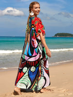 2025 Loose Boho Style Maxi Dress Print Face Swim Suit Cover-up Bohemian Dress Robe Plage Kaftan Maxi Dress Beach Wear Tunics