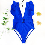 Sexy One Piece Swimsuit 2025 White Deep-V Neck Swimwear Women Black Beach High Cut Ruffles Monokini Buckle Bathing Suit Bodysuit