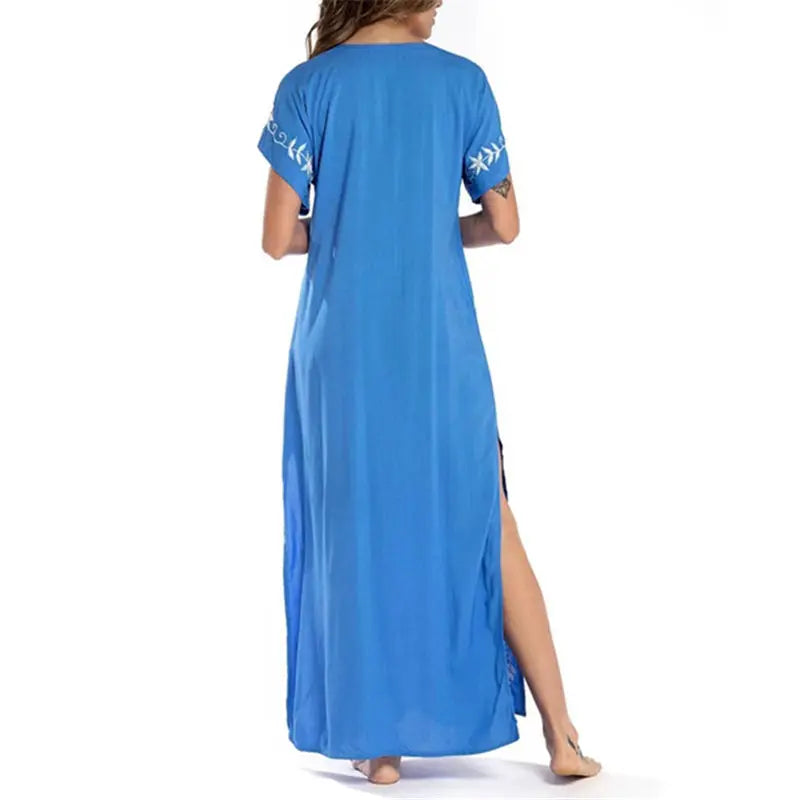 2026 Indie Folk Embroidered Short Sleeve Summer Dress Cotton Tunic Beach Kaftan Women Beachwear Swimsuit Cover Up Robe de plage