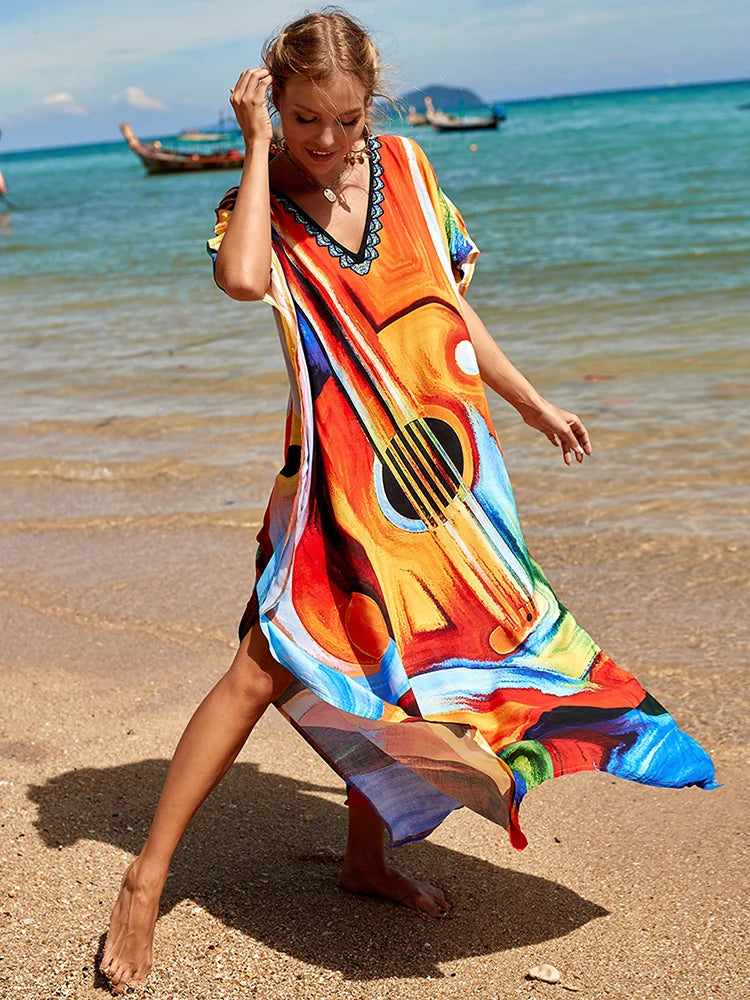 2025 Loose Boho Style Maxi Dress Print Face Swim Suit Cover-up Bohemian Dress Robe Plage Kaftan Maxi Dress Beach Wear Tunics