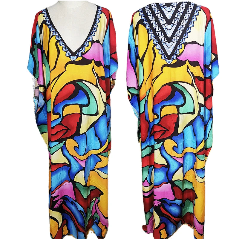 2025 Loose Boho Style Maxi Dress Print Face Swim Suit Cover-up Bohemian Dress Robe Plage Kaftan Maxi Dress Beach Wear Tunics