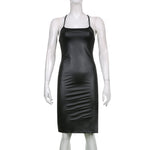 Women Sexy Suspender Mid-length Bodycon Dress Fashion Solid Color Leather Bandage Backless Skinny Split Dress For Female Mujer