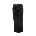 Women Autumn Sexy High Waist Bodycon Skirt Fashion Adults Slim-fit Solid Color Slit Leather Long Skirt Black/White